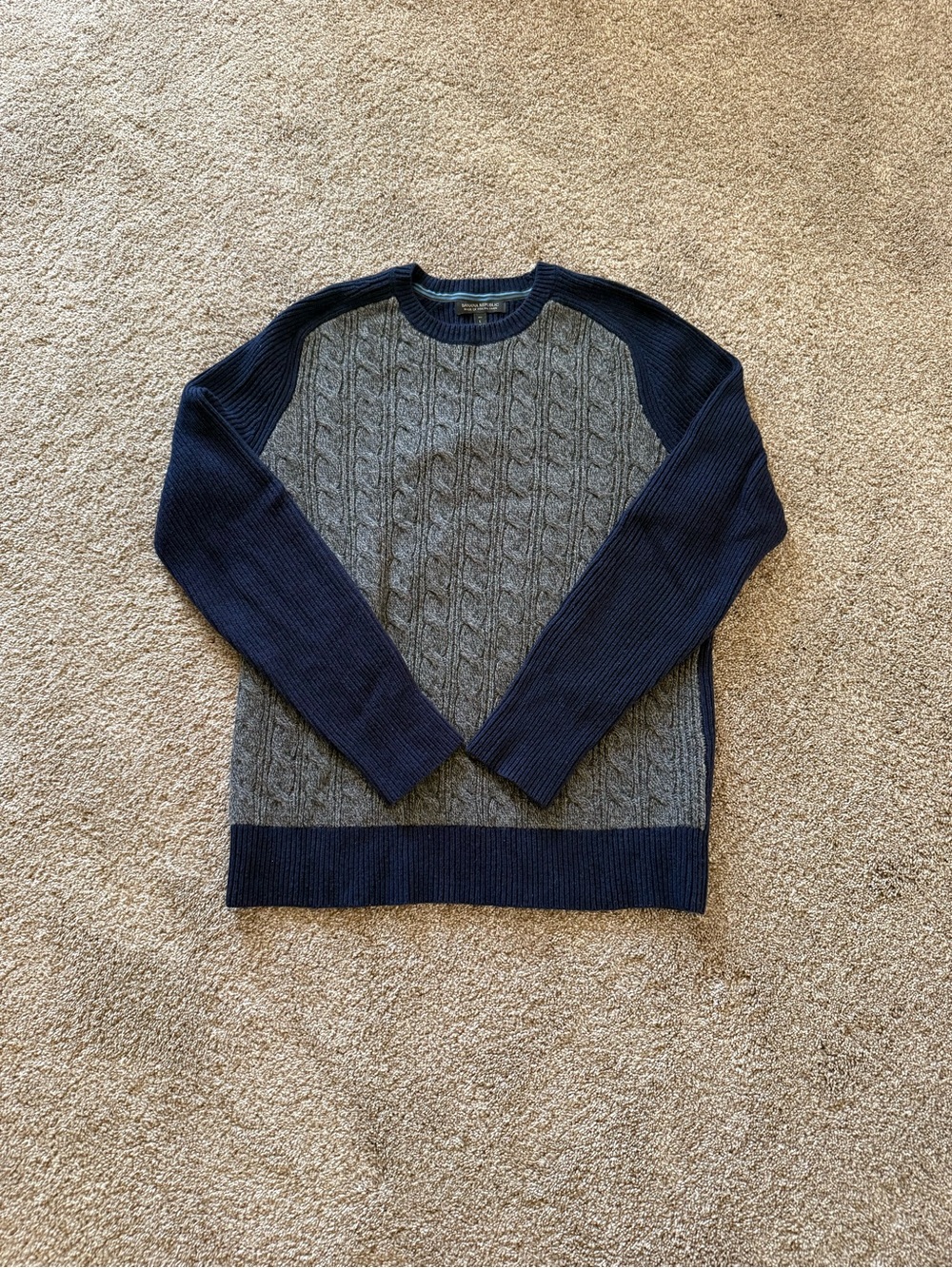 Men's Navy and Gray Cable-Knit Crewneck Sweater